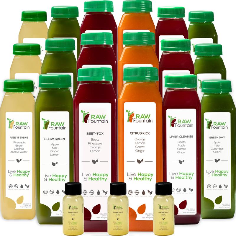 Raw Fountain 3 Day Juice Cleanse Detox - 18 Bottles of Cold Pressed Juices & 3 Ginger Shots - All Natural, No Gluten, No Wheat, No Artificial Flavors