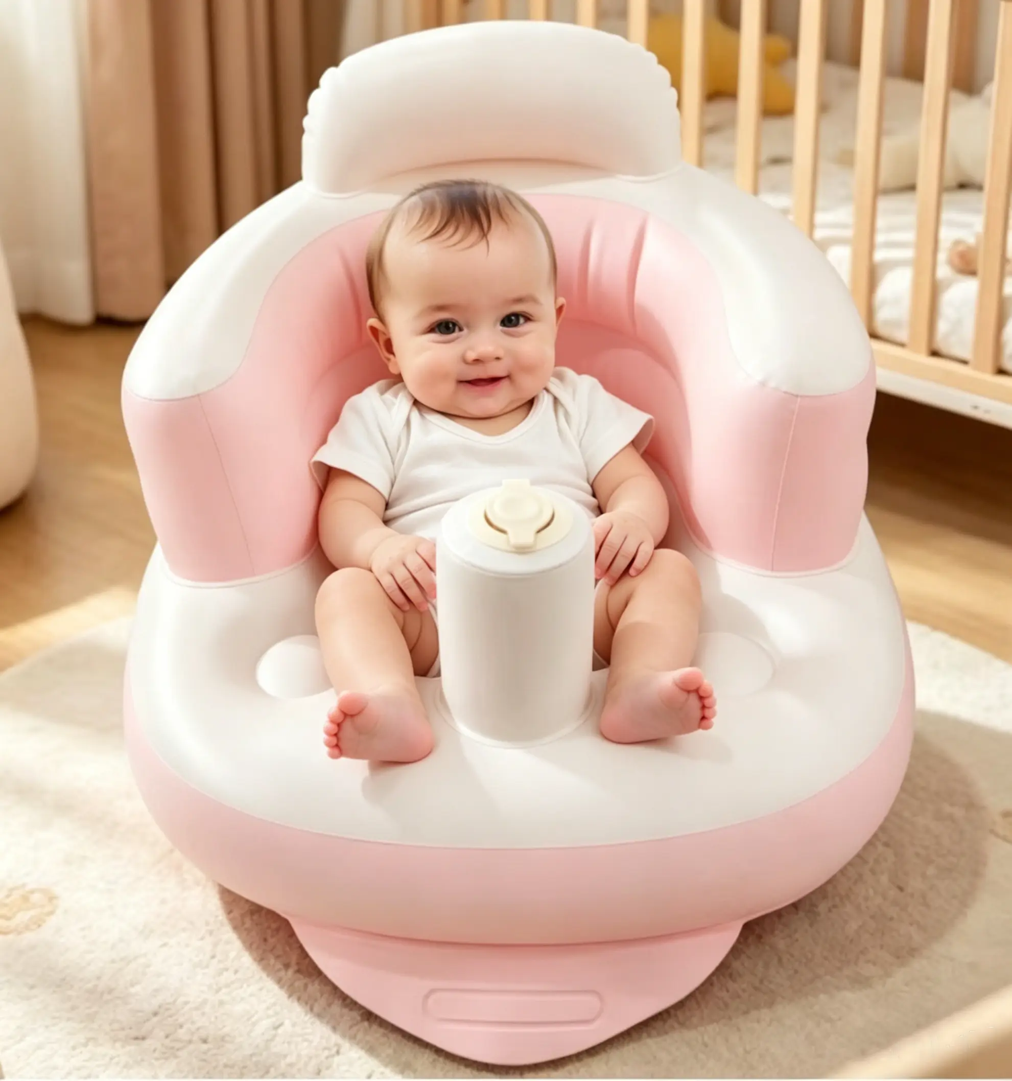 Inflatable Baby Seat for Babies 3 Months & Up, Infant Floor Seats for Sitting Up, Baby Seats for Infants, Blow Up Baby Chair with Built in Air Pump - Olive Flower