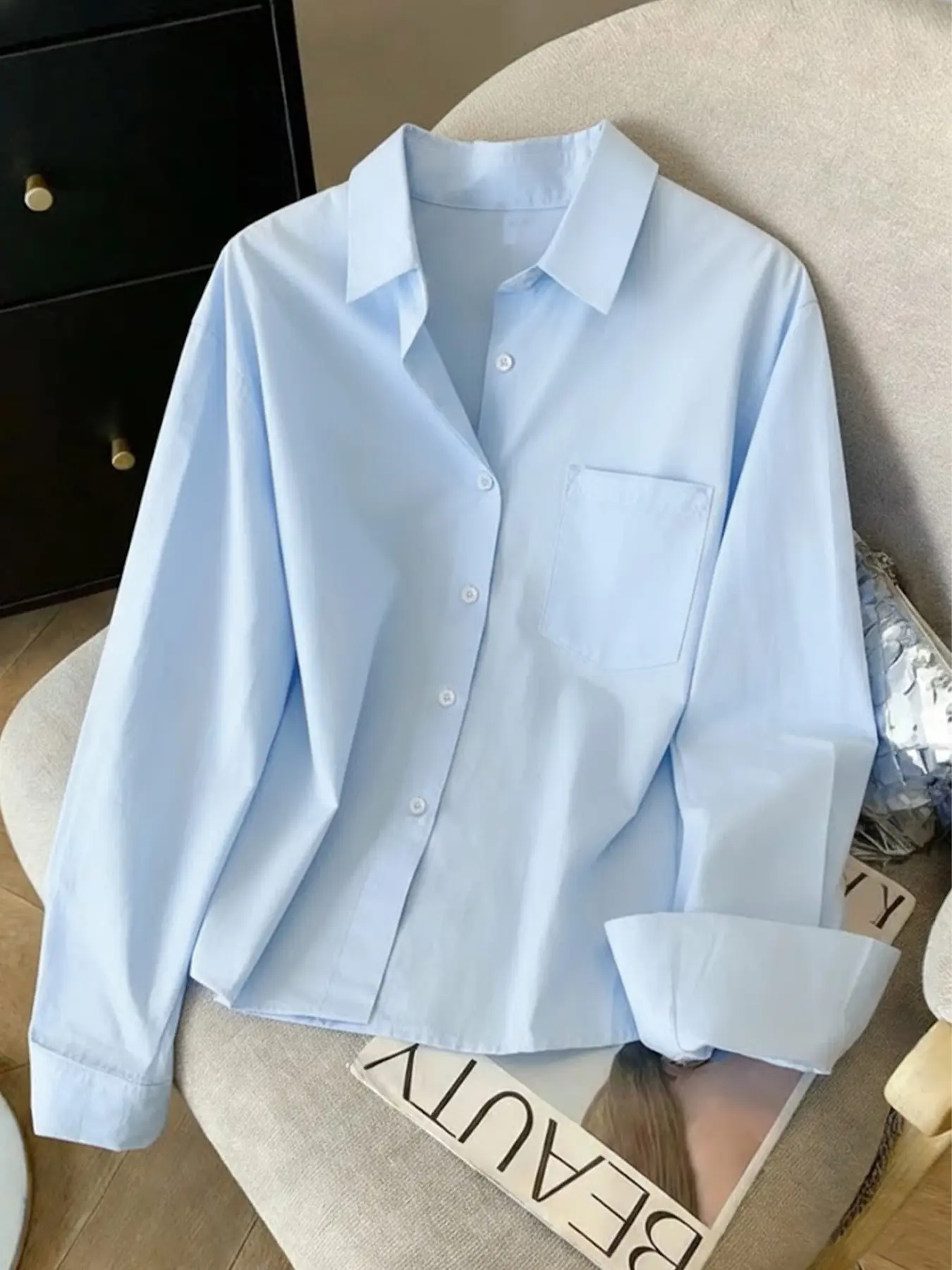 2026 Solid Blue Collared Shirt Long Sleeve Blouse Top, Womenswear, Breathable No Pilling, Street Style Trend, Perfect Summer, Versatile Casual Wear