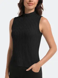 Women Sports Casual Outdoor Ribbed Brushed Sleeveless Turtleneck Vest
