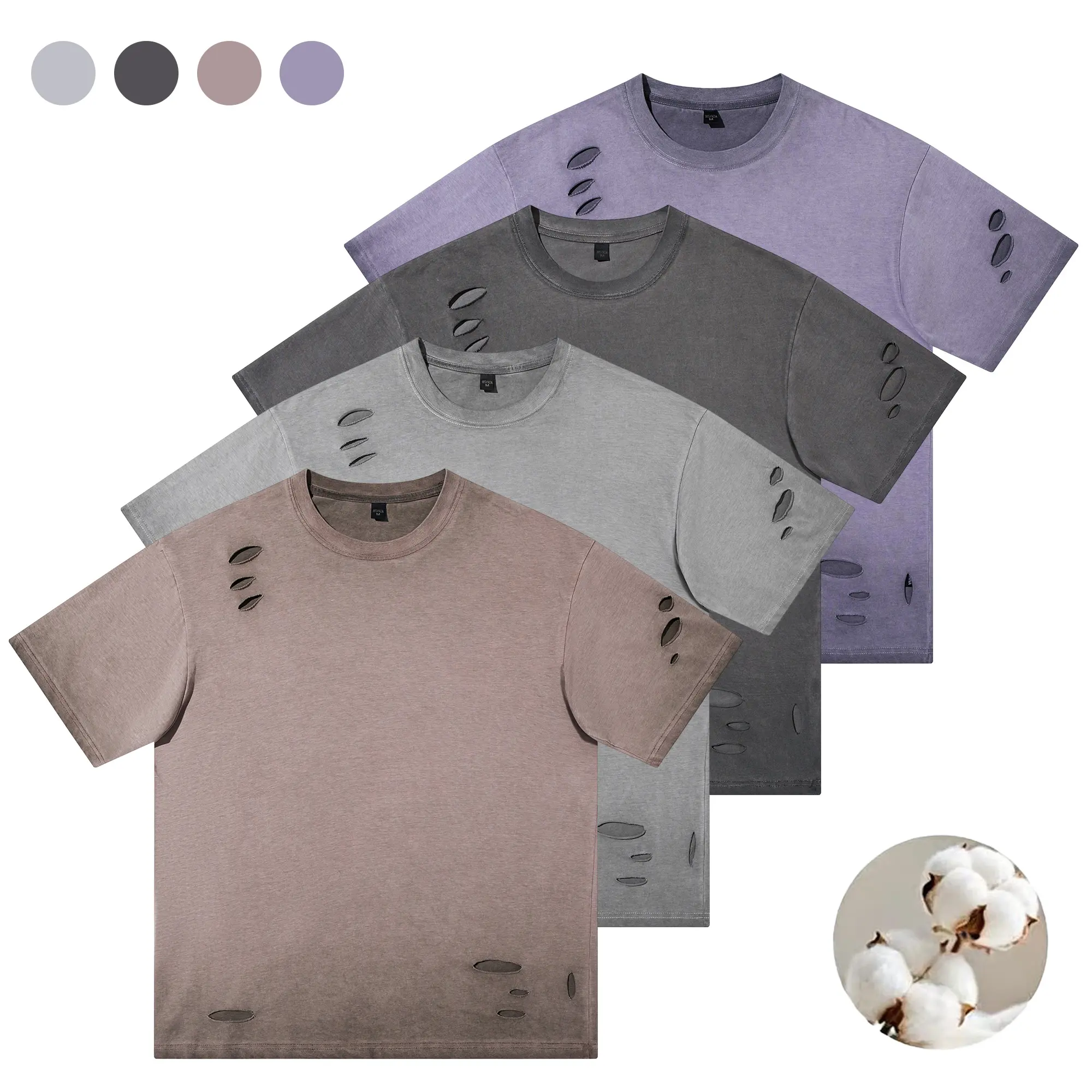 Men’s American vintage washed distressed ripped short-sleeve heavyweight pure cotton T-shirt with a high-street ripped design