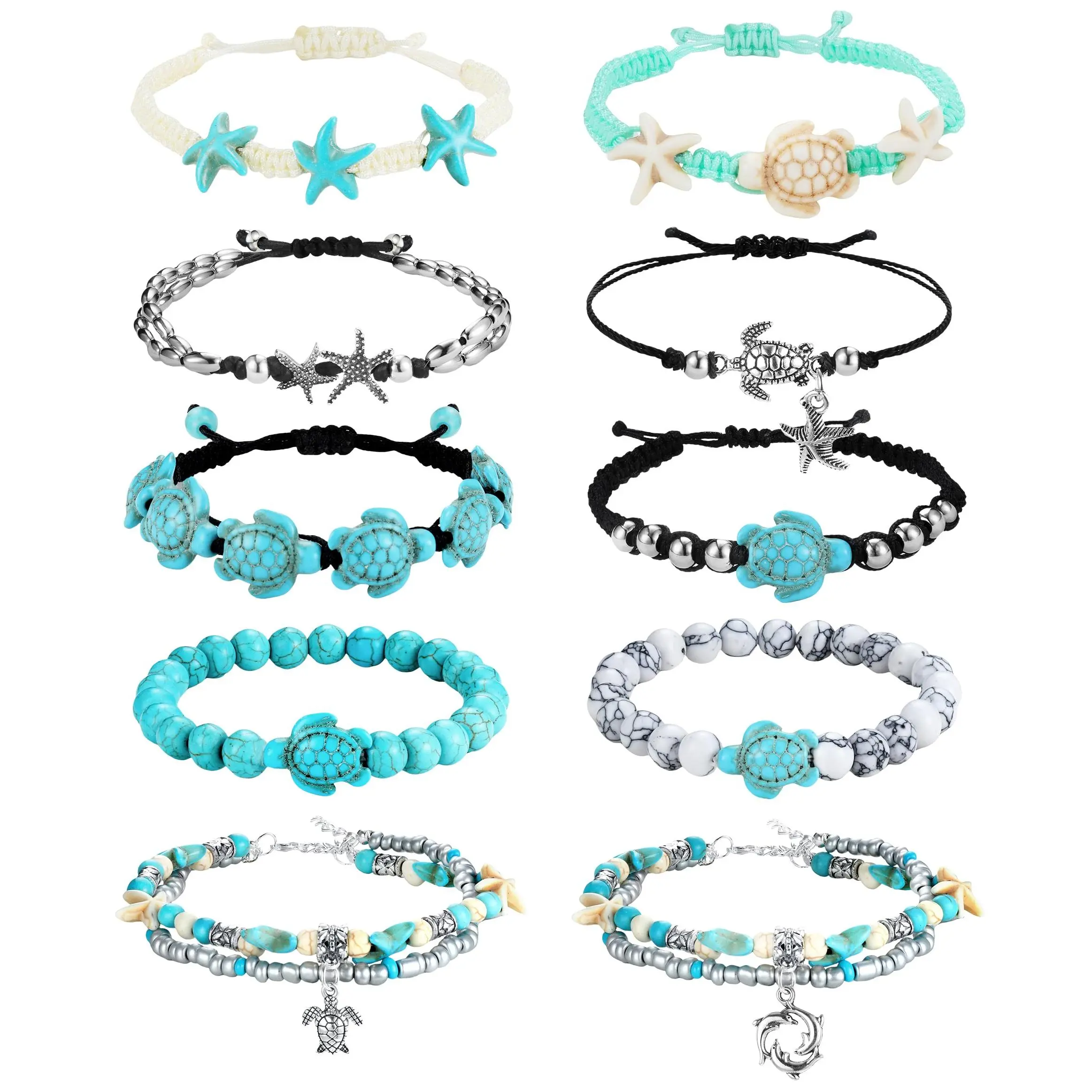 FASACCO Women's 10-Count Layered Bracelet Set - Waterproof Handcrafted Multi-String Stackable Anklets, Boho Fabric Beads Jewelry with Starfish, Sea Turtle, Tortoise Shell Charms, Adjustable Colorful Summer Beach Accessory, Stackable Bracelets