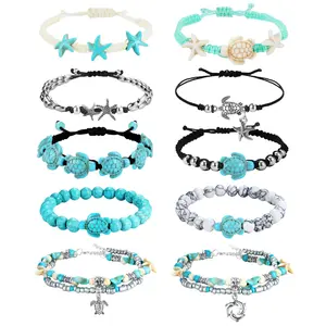 FASACCO 10-Count Women's Waterproof Handmade Layered Bracelet Set, Boho Fabric Beads Jewelry with Starfish, Sea Turtle, Tortoise Shell Charms, Adjustable Summer Beach Anklets Summervibes