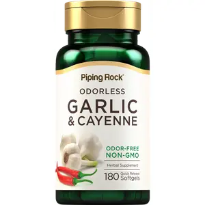 Piping Rock Odorless Garlic Softgels | 180 Softgels | Supplement with Cayenne Extract | Allium Sativum | Non-GMO, Gluten Free