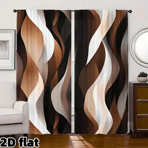 2D Flat 2Pcs Modern Wave Pattern Curtains Geometric Brown White Design Semi Sheer Panels Rod Pocket Style for Living Room Bedroom Office Home Decor Contemporary Art Window Treatment Privacy Protection