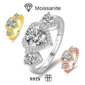 2025 New Pure Silver Ring for Women Fashion Heart-to-Heart Moissanite 1 Carat High-end Jewelry Adjustable