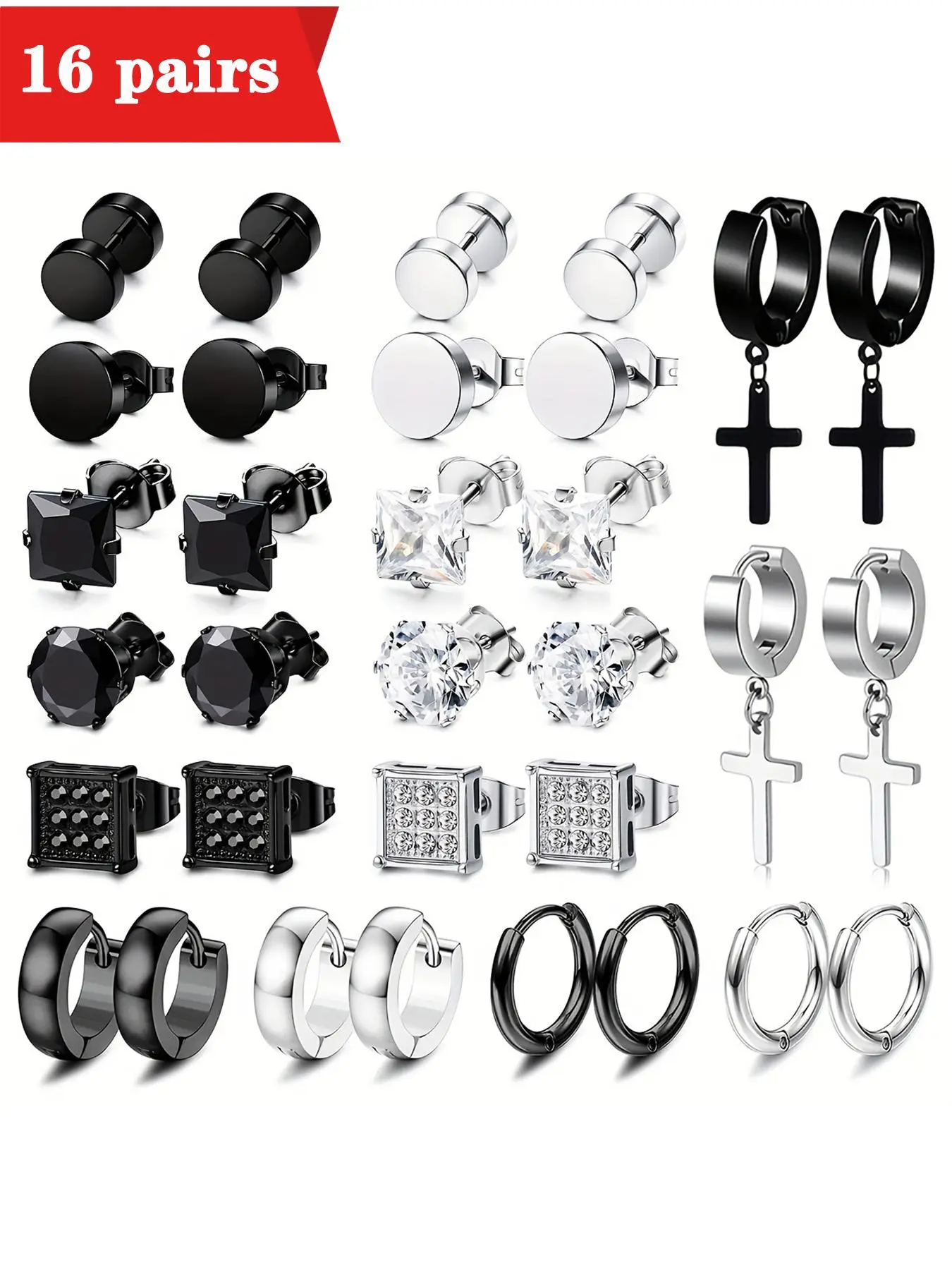Men's Stainless Steel Earrings, Cross & Hoop Earrings, Ear Studs, Fashion Jewelry for Party, Daily Clothing Decor, Trendy All-match & Exquisite Jewelry for Birthday Gift, Stainless Steel Hoops, High Quality Earrings, Earring Set