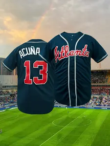 Men's Atlanta #27 Embroidered Baseball Stylish Sports Style Jersey | Stitched Letter & Number Button Down Breathable Athletic Tops Sports Top Shirt | Navy Blue Retro Athletic Tee