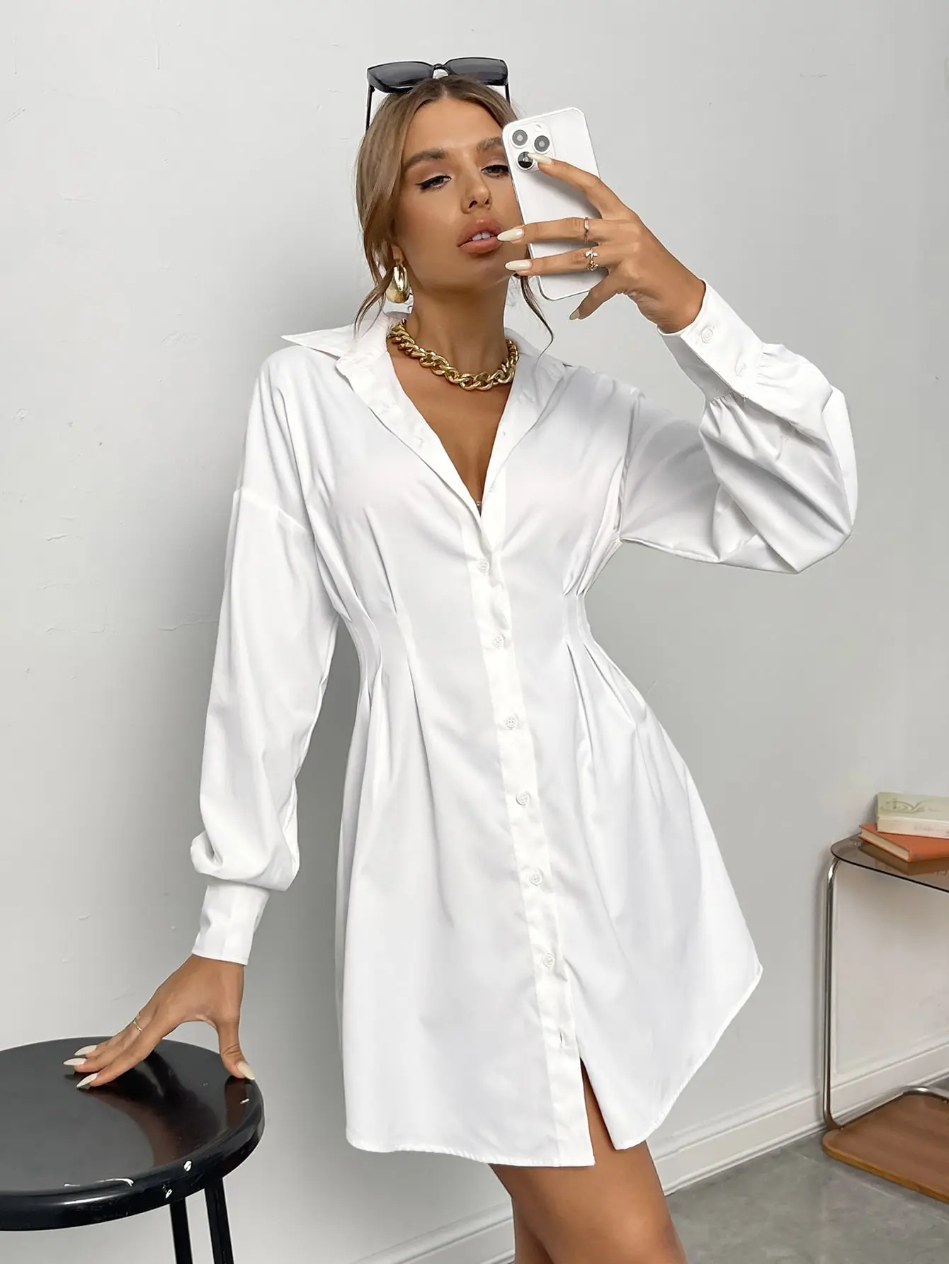 Privé Ruched Drop Shoulder Shirt  White Dress With Sleeves