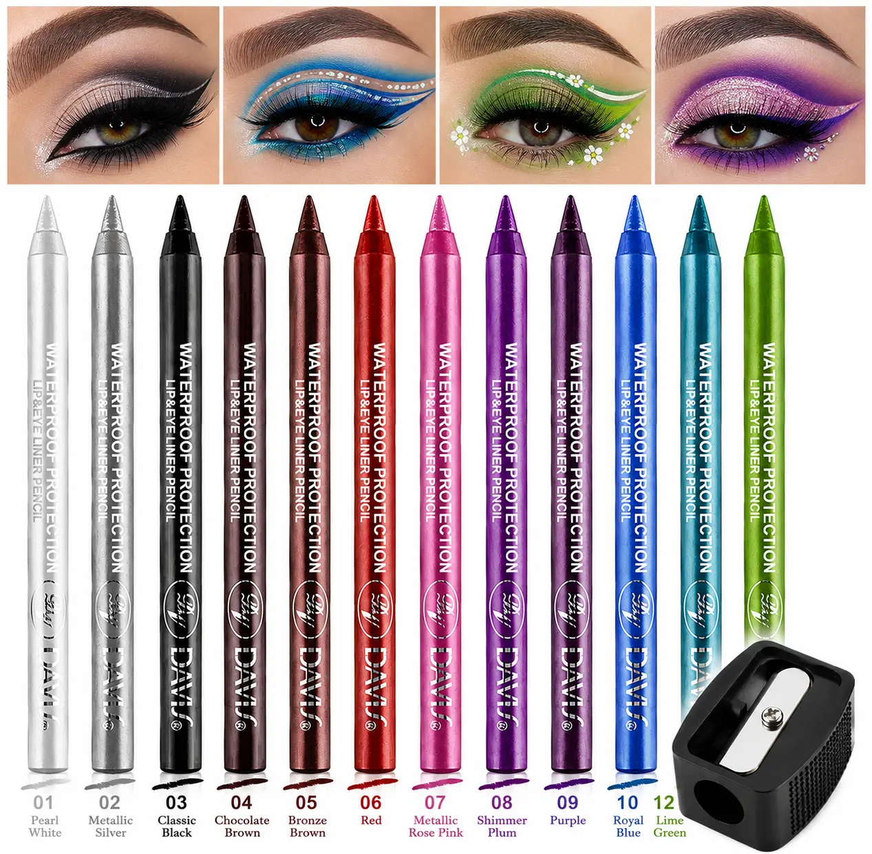 12 Colors*1 Eyeliner Pencil Stick Set with Sharpener, Matte-Metallic-Pearl-Shimmer Shades, Creamy Blendable Eyeshadow & Lipliner, Smudge-Resistant Daily Beauty Products for Festival Party Makeup Gifts, Long-Lasting