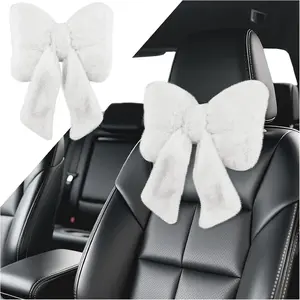 Furry Bow  Headrest Pillow,Soft & Comfortable   Pillow for  Decorations &  ,Universal  Rest Pillows for  Interior Accessories for ,SUVs (White)
