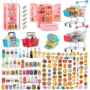 164Pcs Mini Shopping Cart Basket Miniature Food Drink Toy Supermarket Metal Handcart Trolley DollHouse Store Grocery Accessories Kitchen Play Game Party Model Shelves Cash Register Refrigerator Fridge