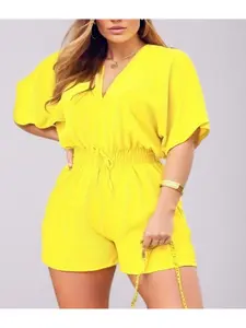 Women's Plain Drawstring Shirred Waist V Neck Romper, Casual Half Sleeve Zipper Back High Waist Romper for Summer, Fashion Lady Clothing for Daily Wear