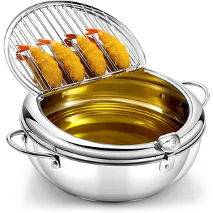 4.4 Qt (4.2 L) Deep Fryer Pot 304 Stainless Tempura Frying Pot with Lid and Oil Drain Rack Japanese Deep Fryer Pan with Temperature for French Fries,