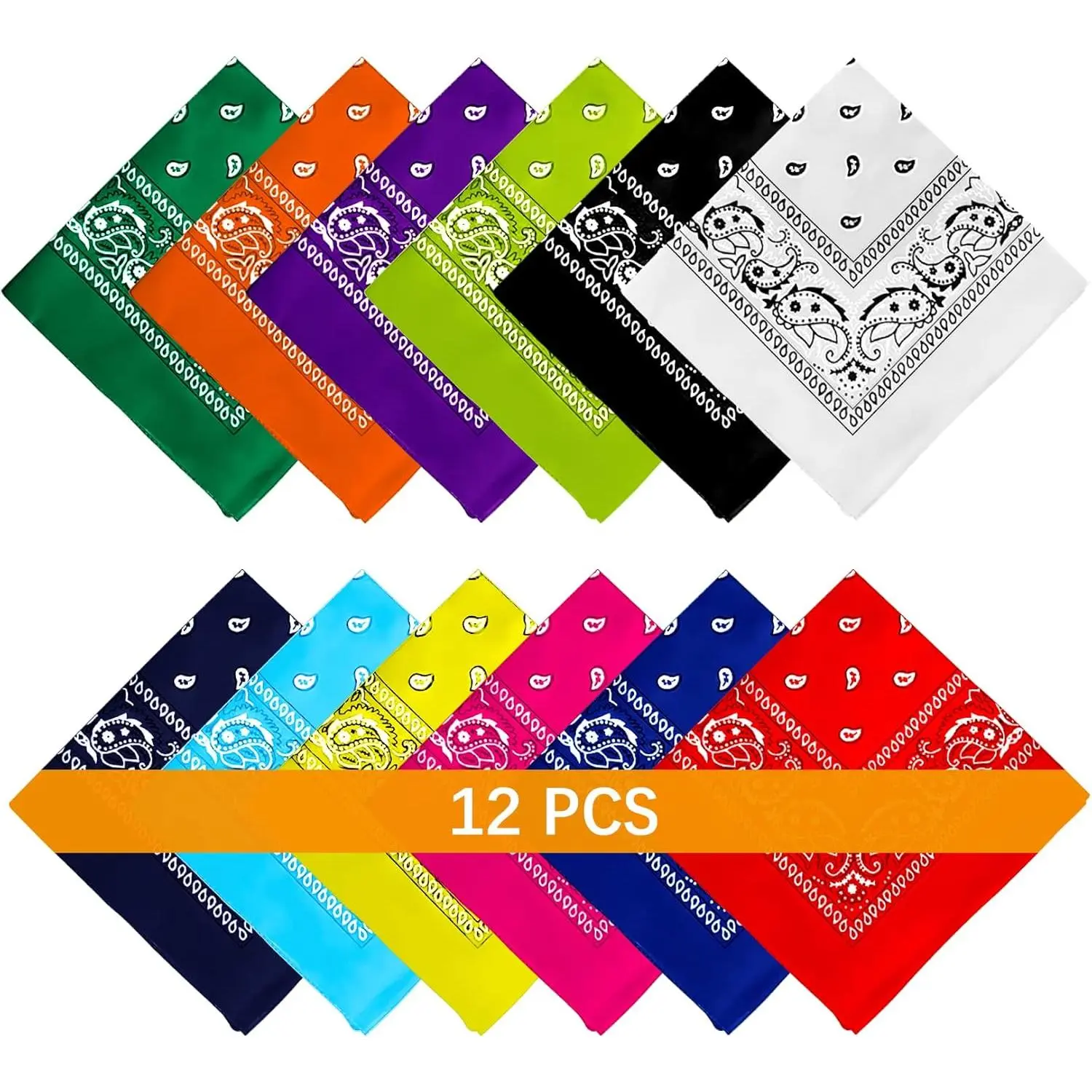 Unisex Vintage Retro Print Paisley Bandanas (12pcs Black & Red & White & Navy & Orange & Khaki), 22x22in Polyester, for Daily Outfits, Tennis, Schools, Outdoor Head Wrap & Handkerchief