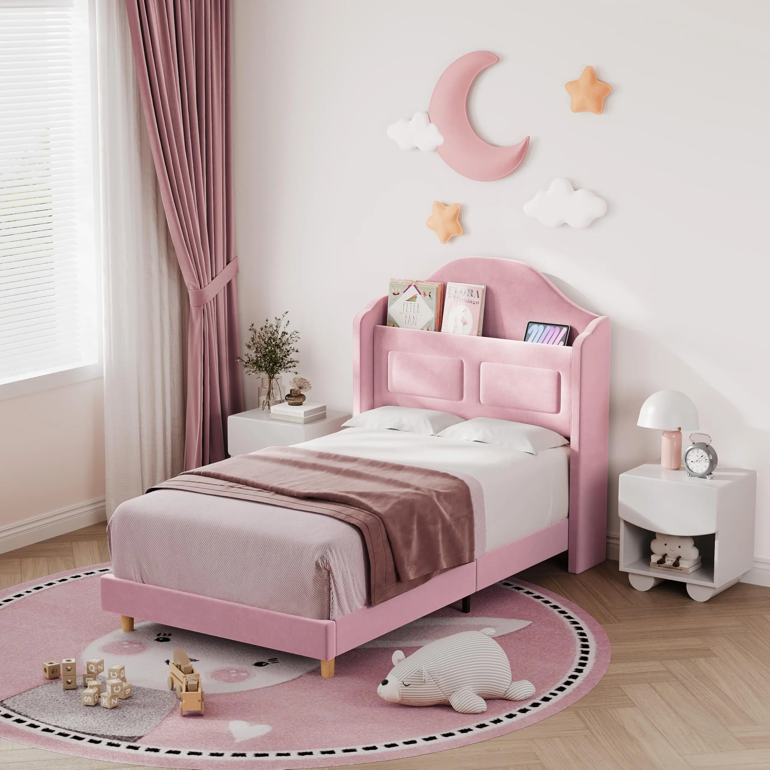 GARVEE Twin Upholstered Velvet Princess Platform Bed with Wingback, Storage Bookcase Headboard & LED Light, No Box Spring Needed, Noise-Free, Easy Assembly, Pink, Perfect for Kids