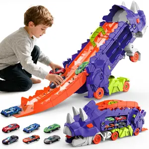Dinosaur Car Track Playset with 12 Metal Cars and 59-Inch Dual Track, Dino Transport Truck Toy with Swallow & Launch Function, Educational Race Track Toy Gift for Kids Boys Girls