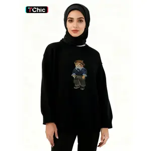 Unisex Cartoon Bear Print Crew Neck Sweater, Casual Loose Long Sleeve Jumper for Fall & Winter, Fashion Ladies' Knitwear for Daily Wear