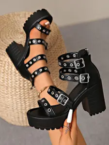 Women's Punk Style Thick Sole Heeled Sandals, Open-Toe Multi-Band Design, Gothic Square Heel, Party Night Outwear