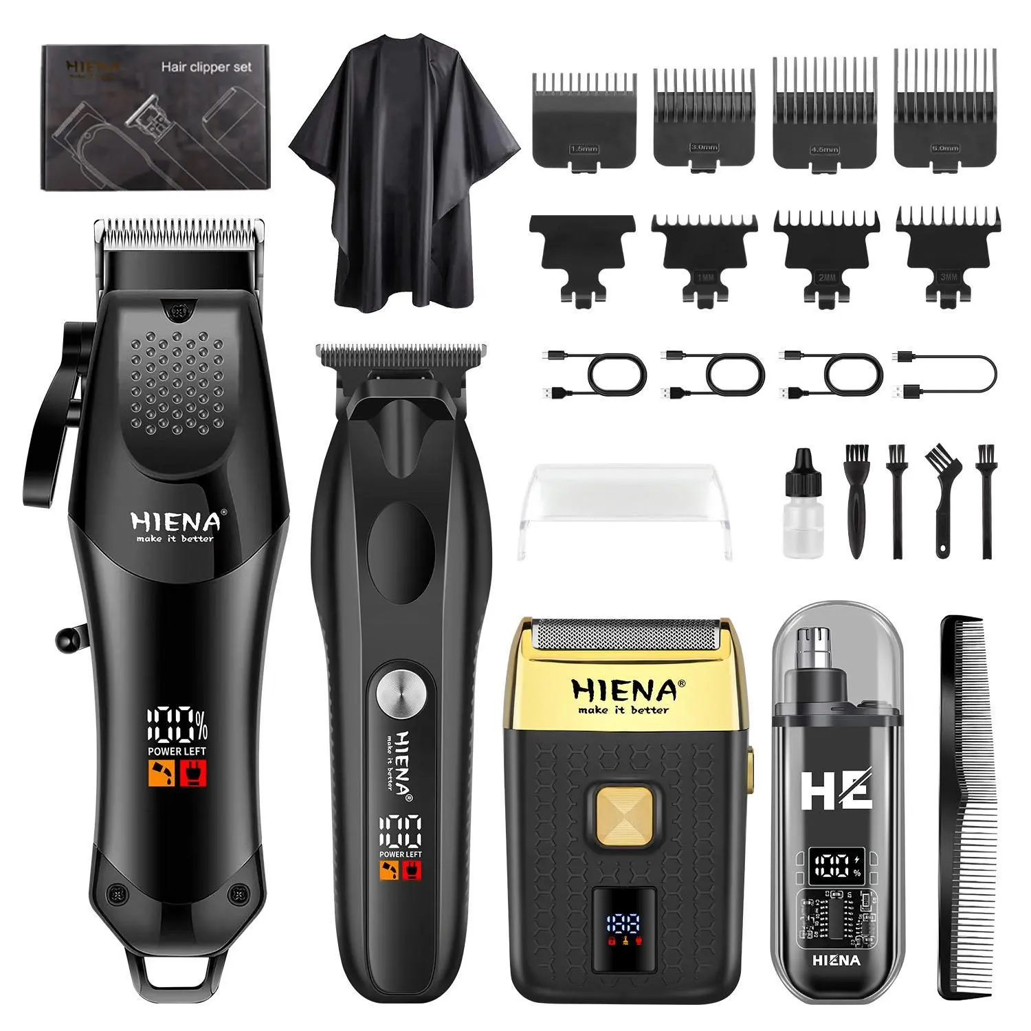 Hiena Professional Men's Hair Trimmer Clipper Set, USB Rechargeable Wireless Durable Grooming Kit with Beard Trimmer, Portable for Barbers and Stylists, Cordless Hair Cutting