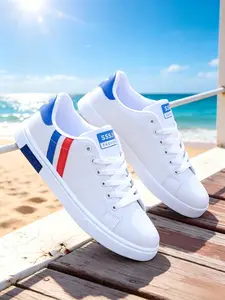 2026 Men's Plus‑Size Color‑Block Striped Casual Sneakers Sports Shoes, Men's Round‑Toe Lace‑Up Low‑Top Skate Shoes with PU Upper Design, Flat‑Sole Shallow‑Mouth Commuter Skate Shoes