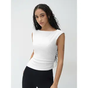 Cider CIDERCONTOUR Double Layered Boat Neck Asymmetrical Ruched Tank Top