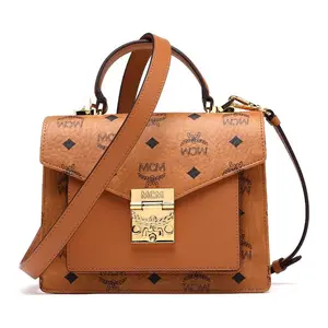 MCM Coated Canvas Tote Bag with 24K Gold-Plated Laurel Lock for Women in Brown and Cognac