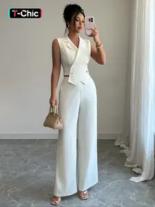 Elegant Formal Sleeveless Double-Breasted Blazer Vest Wide Leg Pants Set Suit, Casual Spring & Fall, Fitted Style, Plain Pattern