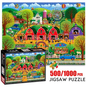1pc 1000 piece adult puzzle 70x50cm Farm Fair Scene with Barns, Ferris Wheel and Vehicles 500 pieces of paper jigsaw puzzle, suitable for adults and families, large-scale DIY puzzle interactive to