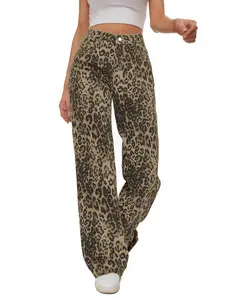 Women's Fashion High Waist Wide Leg Jeans, Cotton Leopard Print Long Denim Jeans, Casual Streetwear Loose Fit Button Fly, All Seasons Womenswear Pants