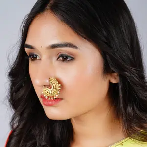 Antique Golden Marathi Nath Clip-On Nose Ring | Faux Pearl Bridal Jewelry | Perfect for Weddings, Diwali, Pooja | Elegant Gift for Her