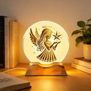 2D Flat Crystal Glass LED Night Light, Multi-Color Touch Changeable Angel Halo Pattern, USB Powered, Religious Table Lamp, Christmas Gift