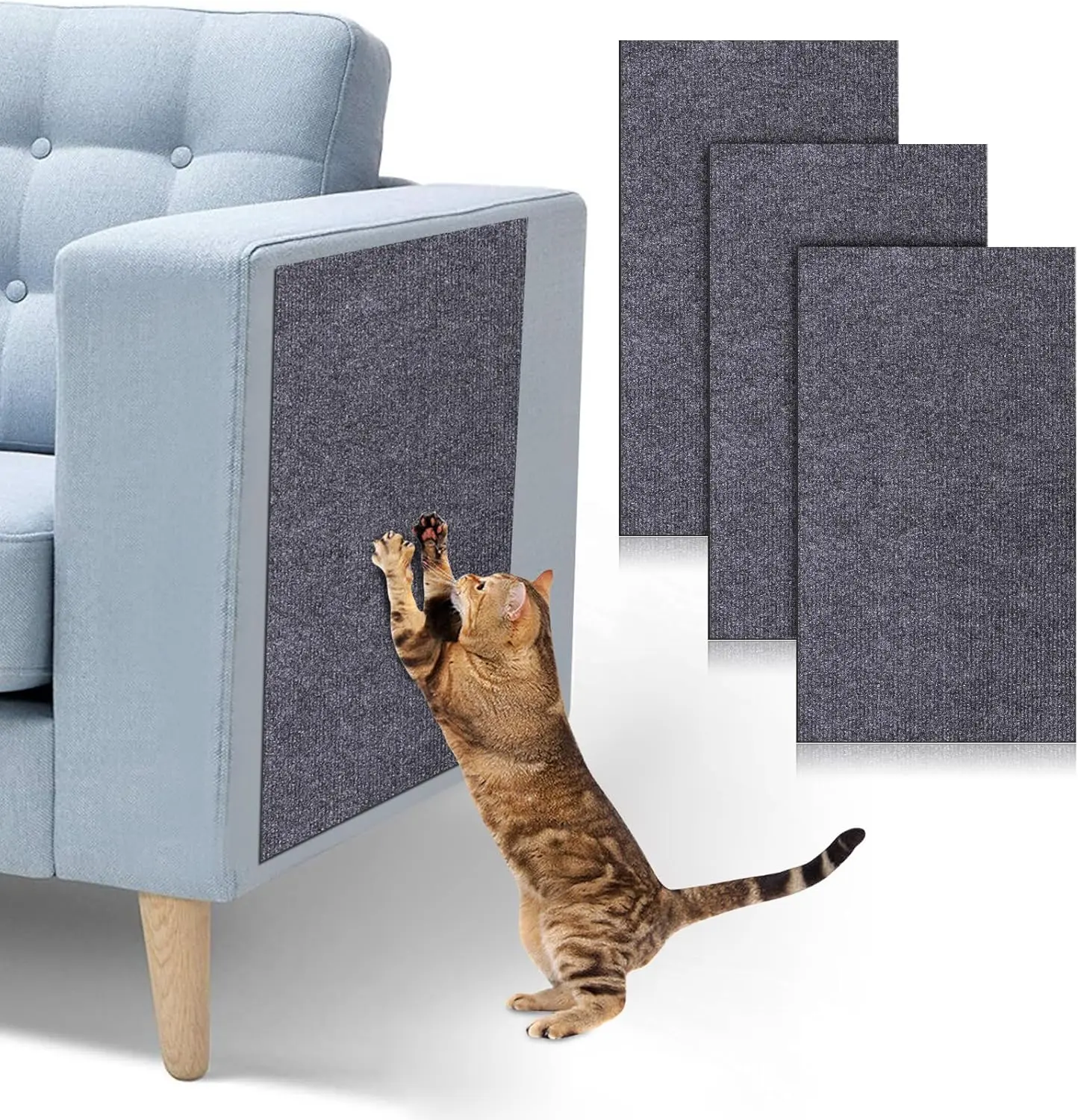 3PCS Adhesive Cat Scratcher Mat, Cat Scratching Post DIY Climbing Carpet, Trimmable Cat Scratch Furniture Protector Pad for Wall Couch