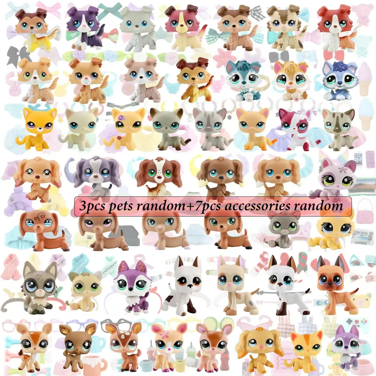 3PCS Random Miniature Cat and Dog Cute Animals Figures and Random 7pcs Accessories for LPS Collection Set Figures