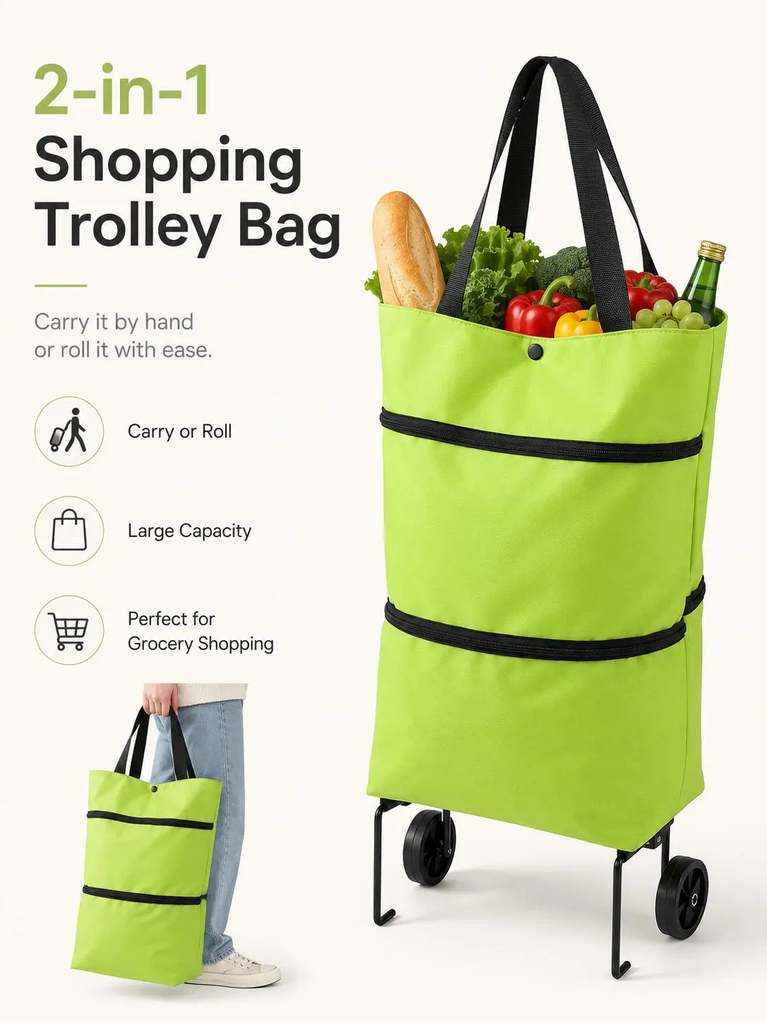 【10inch*18inch】Foldable Shopping Trolley Bag with Wheels, Portable Reusable Grocery Tote, Lightweight Rolling Shopping Cart Bag with Carry Handles for Supermarket, Travel, Laundry and Daily Use