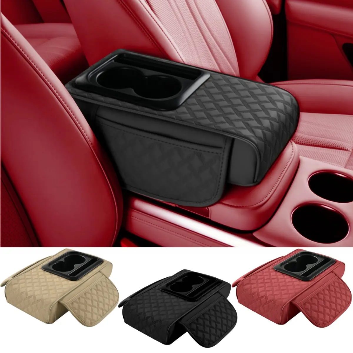 4-in-1 Universal Car Armrest Center Console Box Cover - PU Leather Memory Cotton Hand Rest Cushion Protector with Cup Holder, 2 Pockets, Key Card & Coin Storage | Car Interior Accessories for Vehicles, Cars
