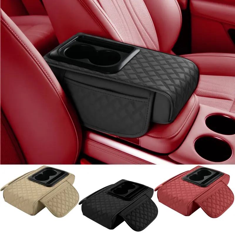 4-in-1 Universal Car Armrest Center Console Box Cover - PU Leather Memory Cotton Hand Rest Cushion Protector with Cup Holder, 2 Pockets, Key Card & Coin Storage | Car Interior Accessories for Vehicles, Cars