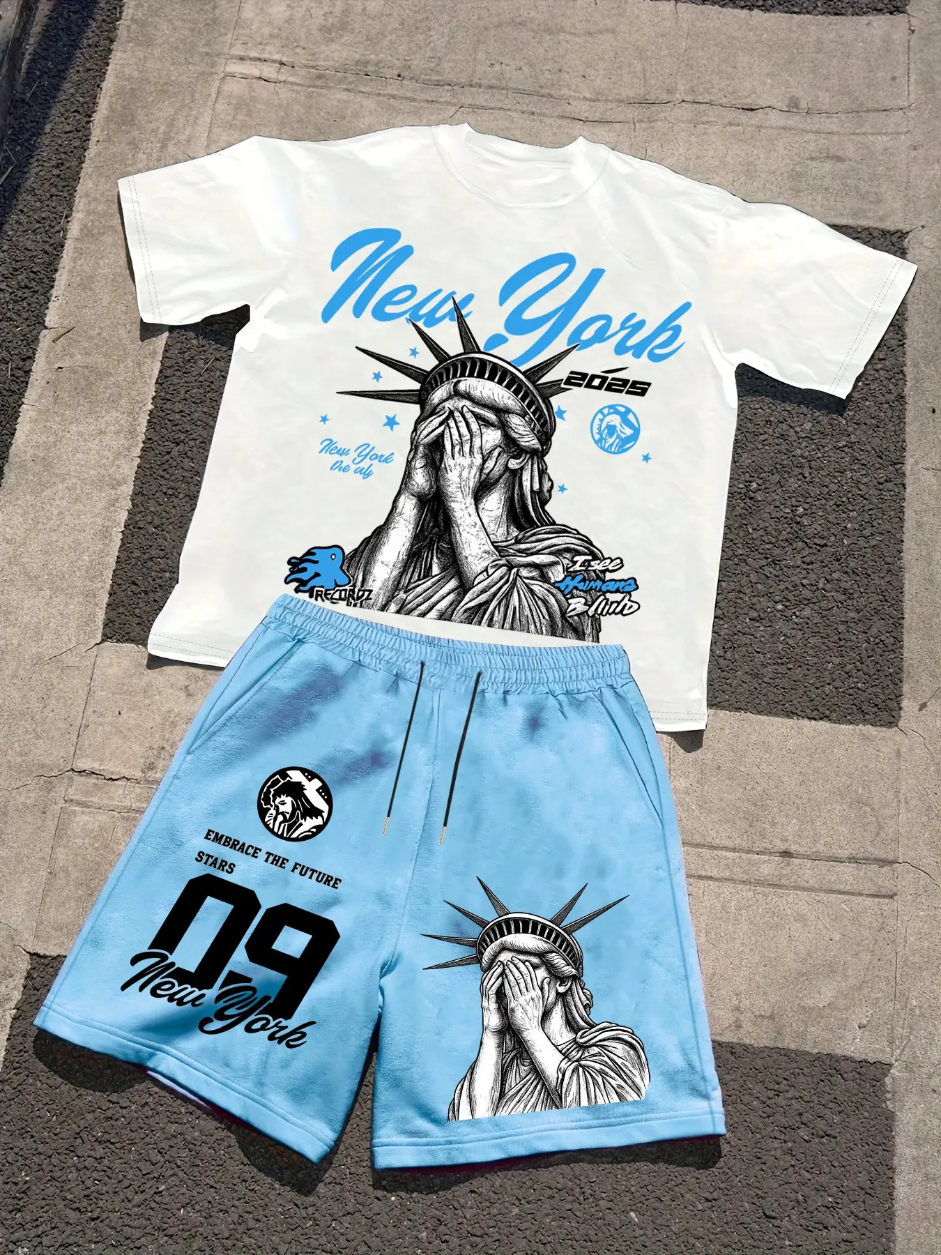 Men's 2-Piece New York Statue of Liberty Graphic T-Shirt & Shorts Set, Casual Streetwear