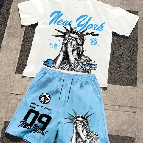 Men's 2-Piece New York Statue of Liberty Geometric Graphic T-Shirt & Shorts Set, Casual Streetwear Aesthetic, Street Style
