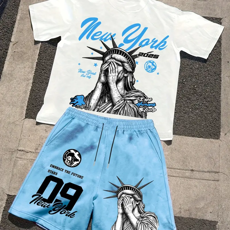 Men's 2-Piece New York Statue of Liberty Geometric Graphic T-Shirt & Shorts Set, Casual Streetwear Aesthetic, Street Style