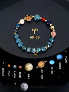 [Cosmic Galaxy Bracelet] 1pc Cosmic Galaxy Imperial Green Natural Stone Eight Planets Ladies 12 Constellation Bracelet Zodiac Pendant Libra Virgo Sagittarius Jewelry Valentine's Day Couple Gift