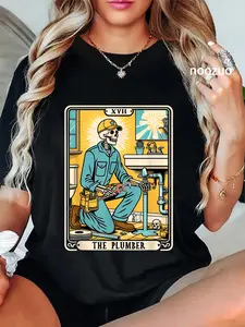100% Cotton The Plumber Plumbing Tarot Card Skeleton Funny Pipefitter T-Shirt