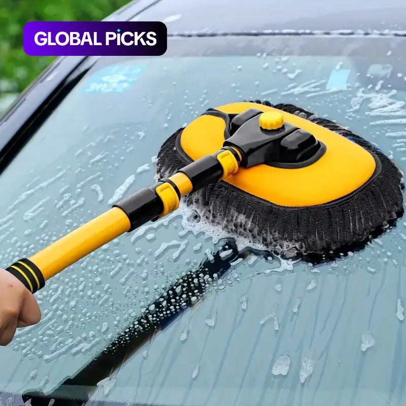 Car Wash Mop with Long Handle, Microfiber Car Wash Brush with Replaceable Schneider Brush Head, Soft Cleaning Brush with 15 °   Curved Extension Rod, Car Cleaning Tool # GLOBAL PICKS