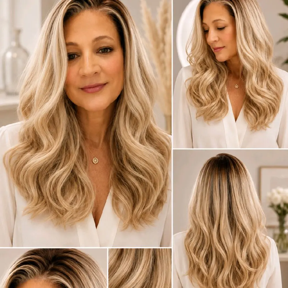 Watered Souls Tricia 20" in icy blonde blend. 13x4 Lace front premium synthetic wig.  High quality fibers, 120 density, Scandinavian hairline, and gorgeous layers.  Heat Tolerance 350. She comes with a free wig cap and free gift.