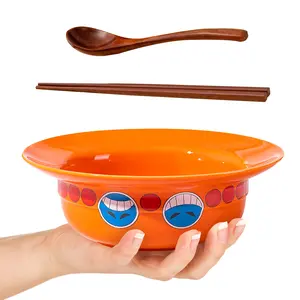 Anime-Inspired Ceramic Ramen Bowl Set with Spoon & Chopsticks - Thick, Durable, Microwave Safe for Noodles, Cereal, Salad - Perfect Birthday Gift Pirate Crew