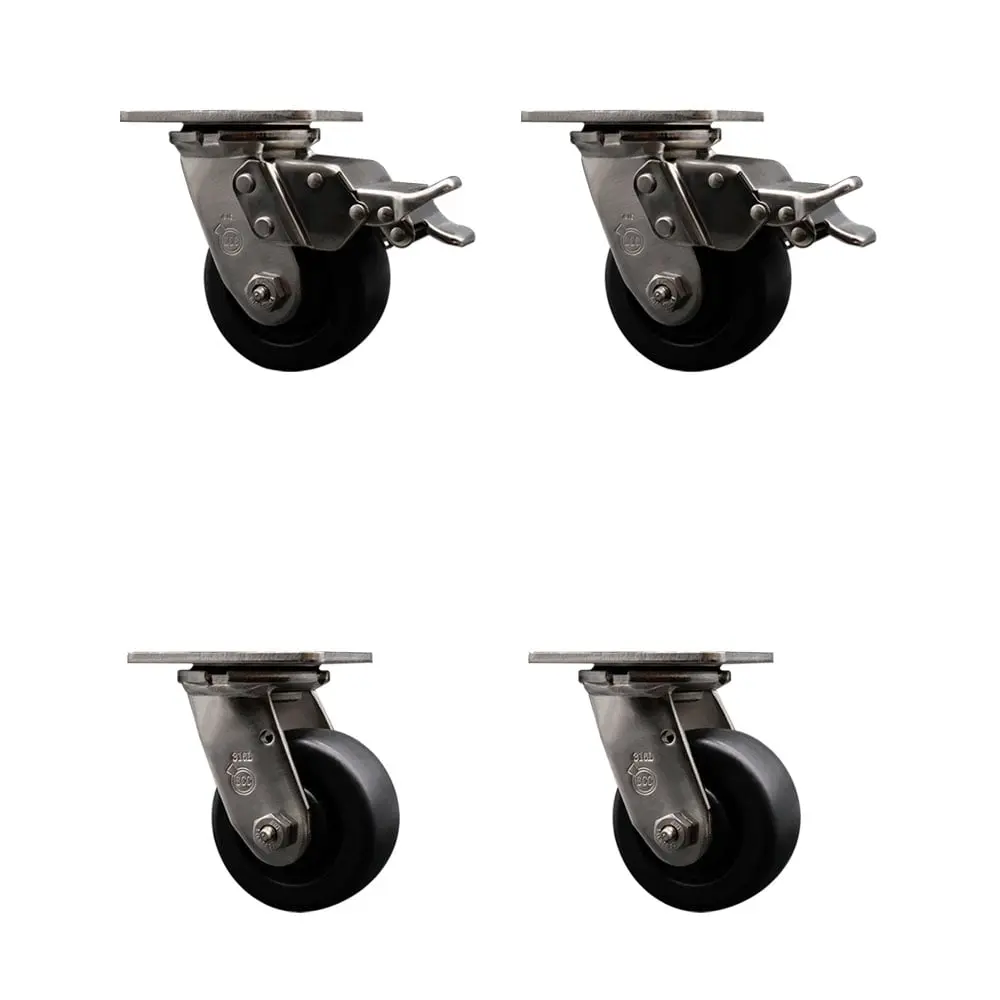 Service Caster SCC-SS316TTL30S420-POB-2-S-2 316 Stainless Steel Heavy Duty Swivel Castors - Anti-Rust, Metal Bearing, 4 in. Polyolefin Wheels, Ball Bearings - Set of 4, Anti-Rust Castors, Metal Bearing Castors