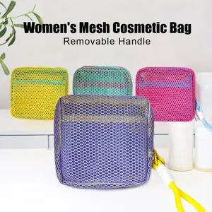 Women's Zippered Organization Bag Square Mesh Purse Makeup Pouch with Removable Handle for Daily Use and Travel