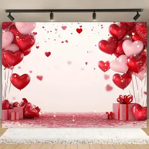 1pc, Valentine'S Day party banner Wall Backdrop, Multi-Purpose Party Banner, Heart balloons and gifts. Print Photography Background, Festive Holiday Christmas Wedding Table Decor, No Power Needed