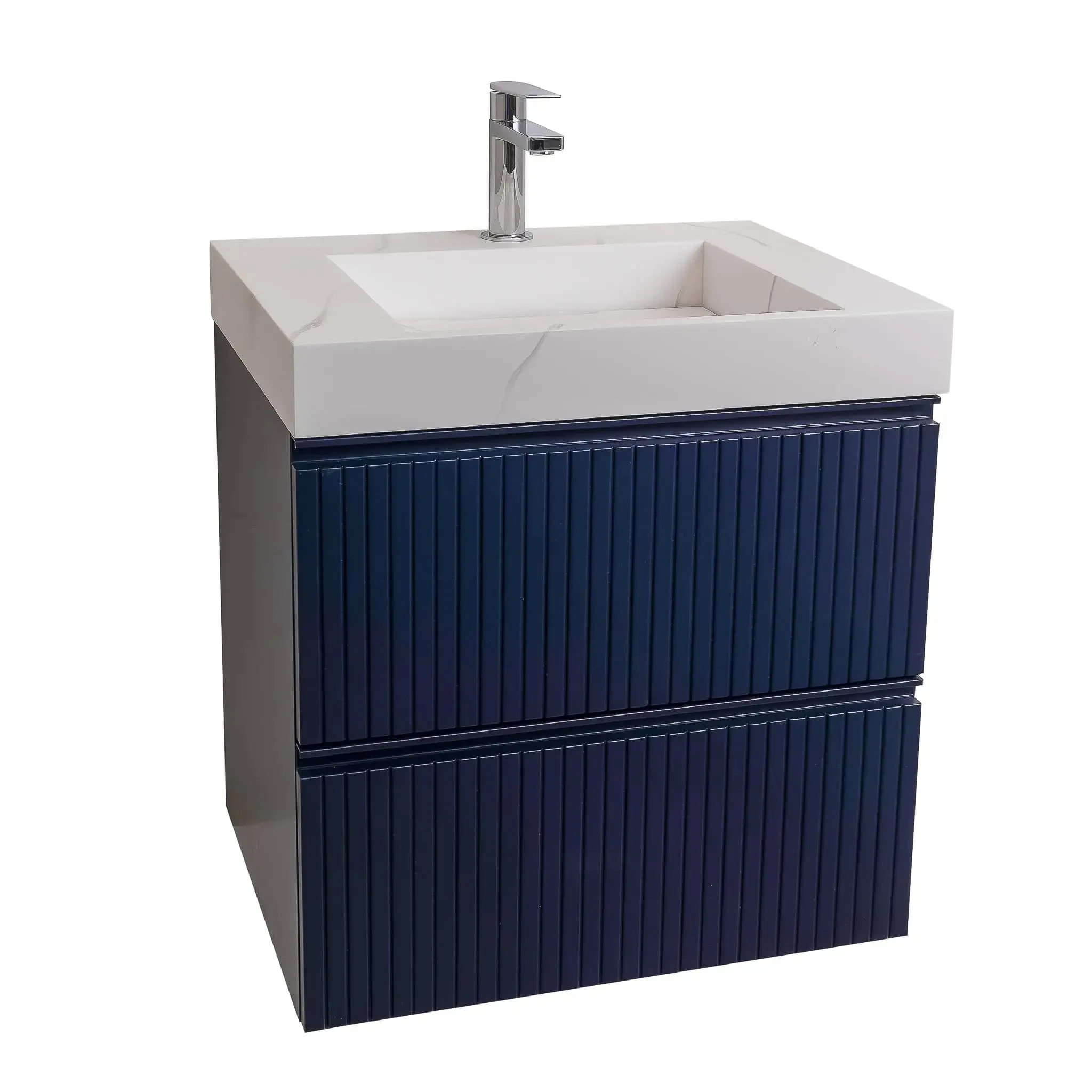 Ares 23.5 Navy Blue Cabinet, Solid Surface Matte White Top Carrara Infinity Sink, Wall Mounted Modern Vanity Set Decorative Bathroom