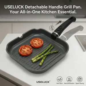 USELUCK 10-inch Non-Stick Square Grill Pan - Heavy Duty Cast Aluminum Steak Pan, Ridged Surface for Perfect Sear, Induction & Oven Safe (Body Only / Detachable Design)